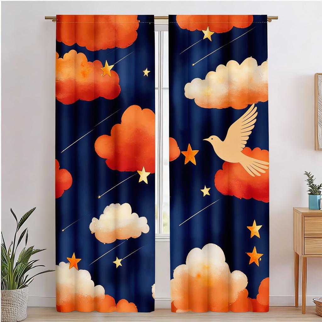 2 Pezzi Tende Oscuranti Stile Classico, Cielo Notturno Acquerello Blu Scuro con Stelle, Tende in Poliestere per Camera da Letto Bambini Bagno
