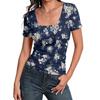 Women's Slim Fit Square Neck Floral Print Short Sleeve Top Ribbed Stretch Fabric Vintage Style Casual Shirt