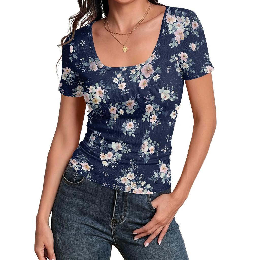 Women's Slim Fit Square Neck Floral Print Short Sleeve Top Ribbed Stretch Fabric Vintage Style Casual Shirt