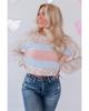 Azura Exchange Contrast Stripes Patchwork Puff Sleeve Knit Top