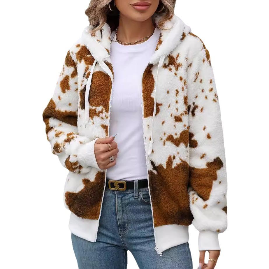 2025 Autumn/winter New Style, Hooded Jacket, Zipper Plush Jacket, Printed Cardigan Jacket, Winter Warm Jacket