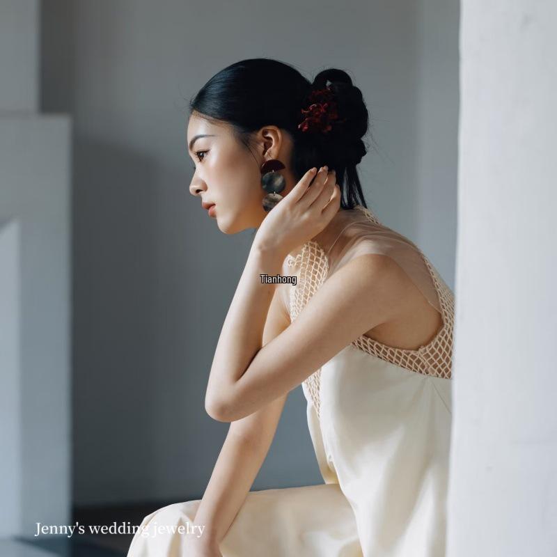 Handmade Chinese-Style Bridal Earrings: Ancient-Inspired Studs for Weddings & Photography