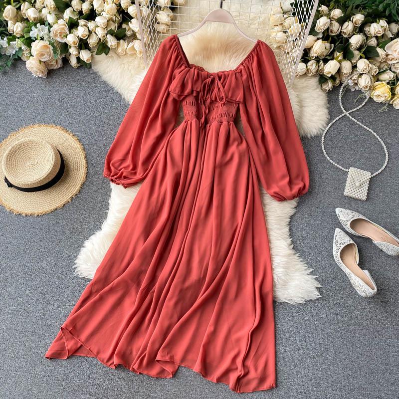 Gentle Style Dress Autumn SpringNew Female French Retro Square Collar Foreign Style Bubble Sleeve Chiffon Dresses