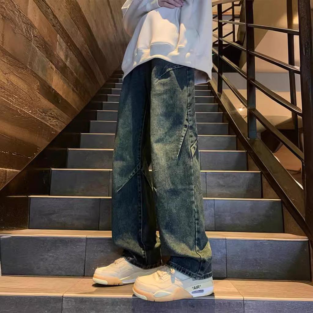Jeans men's spring and summer American trend vibe pants large size loose wide leg straight men's pants boys