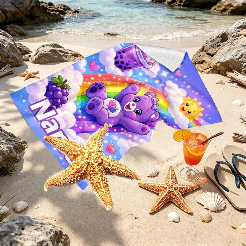 Custom Name Personalized Care Bears Print Beach Towel, for Trip Camping Beach Party Home Decor, Birthday Gift for Family & Friends