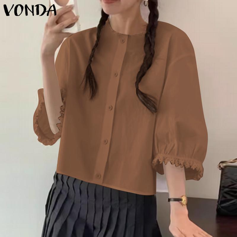 VONDA Damen Sommer Rundhals Spitze Kurzarm Einfarbig Blusen