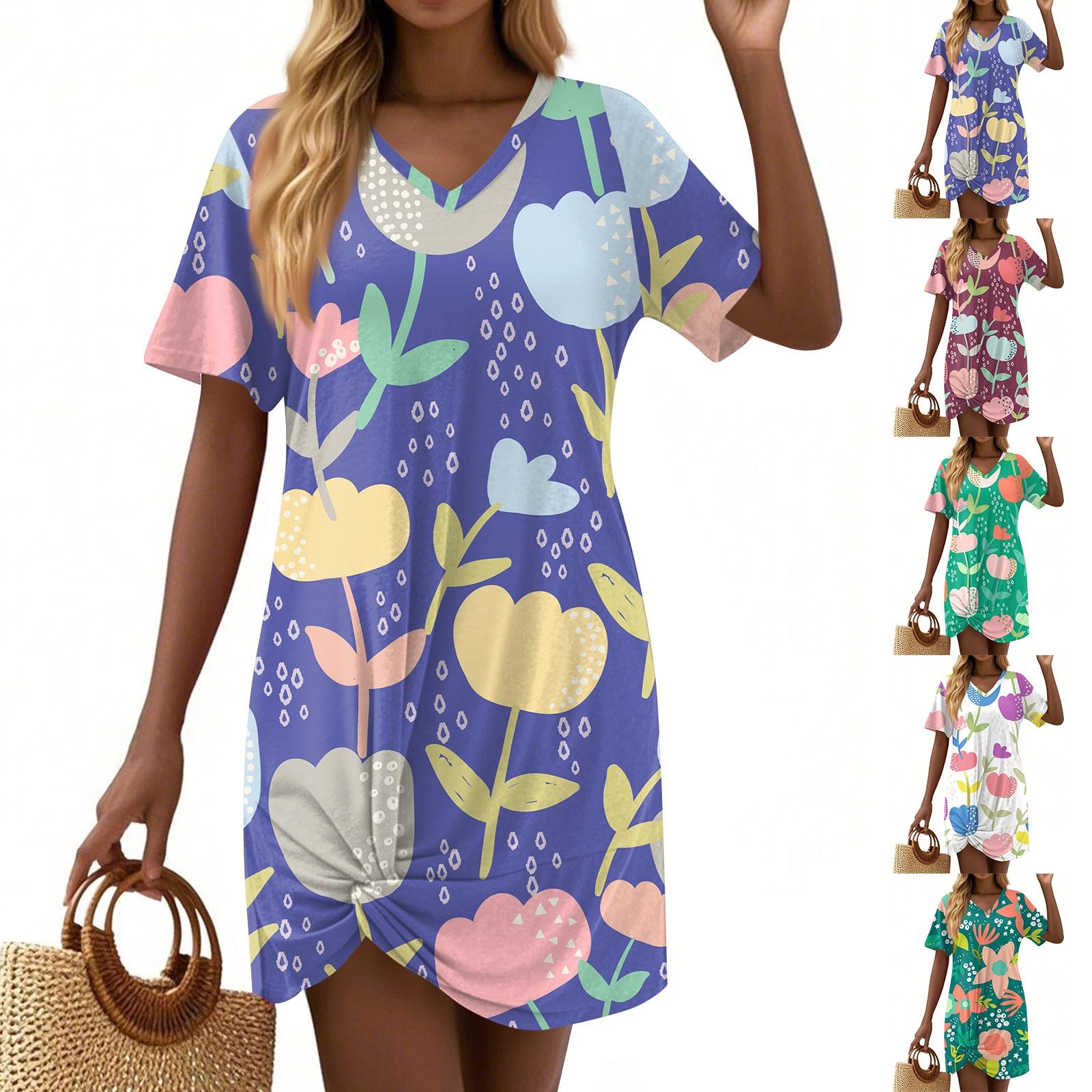 

Women s Summer Casual Floral Printed Hem Knotted Short Sleeve Dresses XXL винний