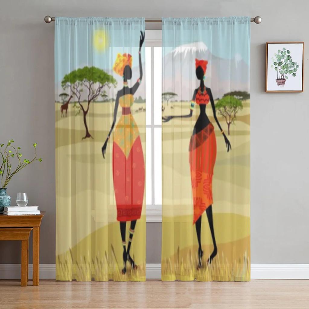 African Woman Ethnic Style Tulle Sheer Curtains for Living Room the Room Bedroom Kitchen Decoration Voile Organza Curtains