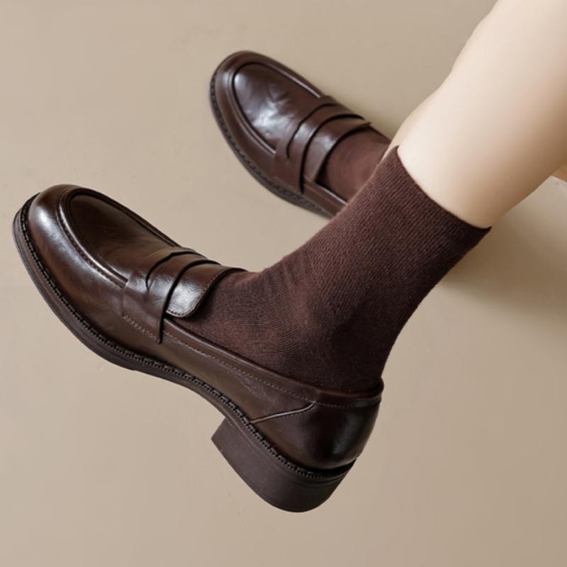 Laofers Shoes 2025 New Spring And Autumn Soft Leather Vintage British Style Women's Shoes Lazy Bottom Mid-heels Women Shoes