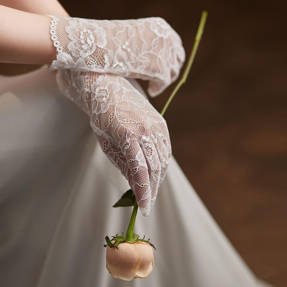 Floral Short Lace Gloves Full Finger Lace Mesh Gloves Sexy Wedding Gloves  Women