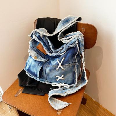 Dámská džínová taška s hrubým okrajem velkokapacitní crossbody taška