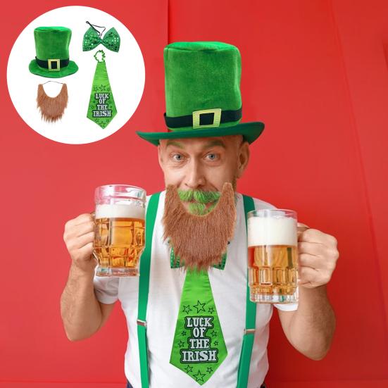 Sf. Set de pălărie de sus de spiriduș de ziua lui Patrick cu barbă falsă, design unic, culoare clasică, amuzant, ținută de cosplay, rechizite pentru petrecere