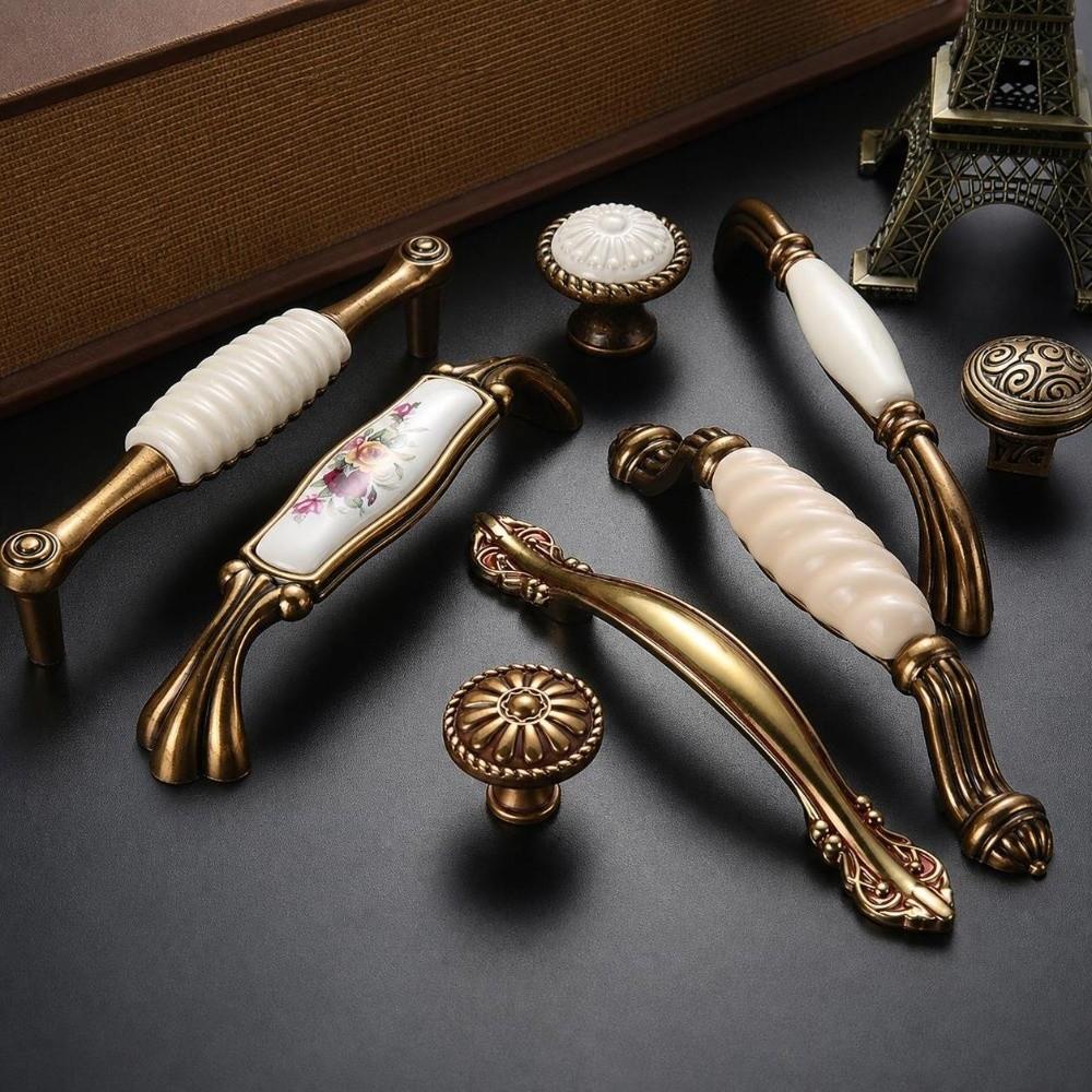 Zinc Alloy Ceramic Cabinet Pulls Antique Gold Retro Vintage Drawer Handles European Style Sturdy Antique Dresser Knobs Furniture