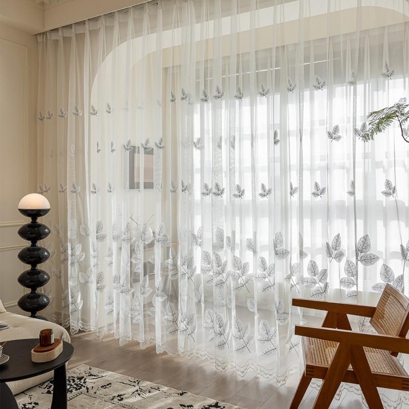 Transparent Sheer Curtain With Leaf Embroidery Living Room Balcony Modern Minimalist Decor
