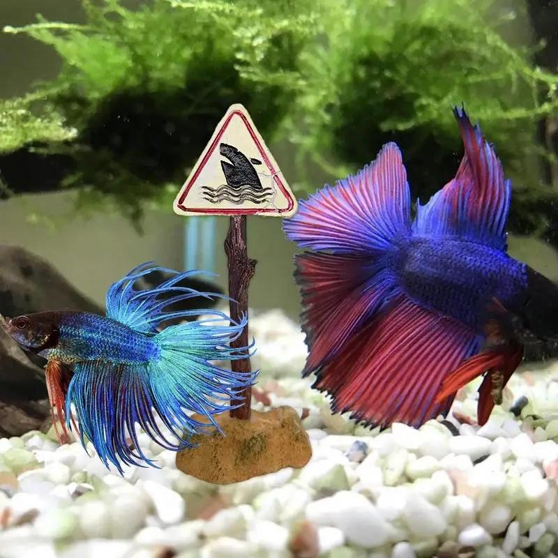 Funny Resin Shark Warning Road Sign Aquarium Ornament, Mini Underwater Landscape Decor Accessory for Fish Tank Landscaping