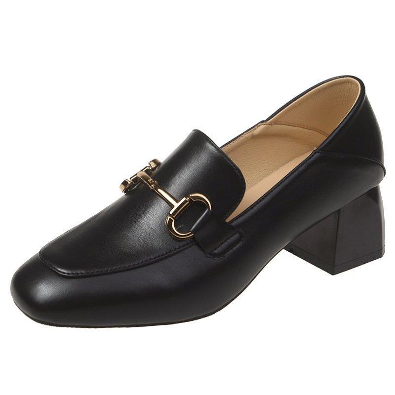 

Модные элегантные женские туфли на высоком каблуке с металлической пряжкой, удобные женские туфли-лоферы из искусственной кожи на среднем каблуке, повседневные туфли-оксфорды в британском стиле 34 чёрный