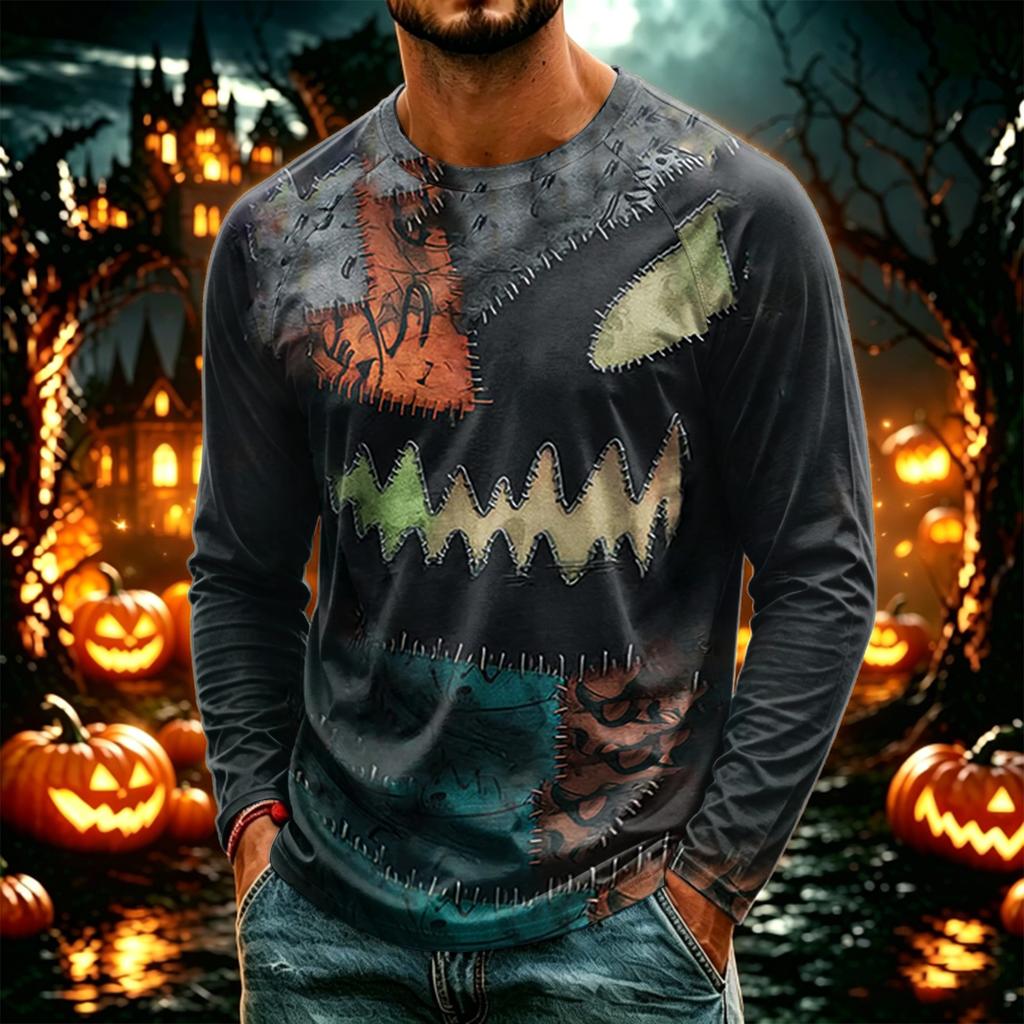 Men's Halloween Printed Neck Lightweight Long Sleeve T-Shirt for Casual Wear
