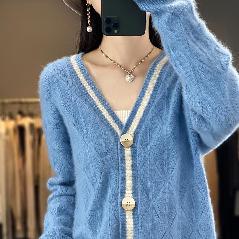 

Кардиган с V-образным вырезом, ажурный кардиган с ромбами для женщин, весенне-осенний, свободный, ленивый, контрастный, вязаный шерстяной жакет-топ XXL