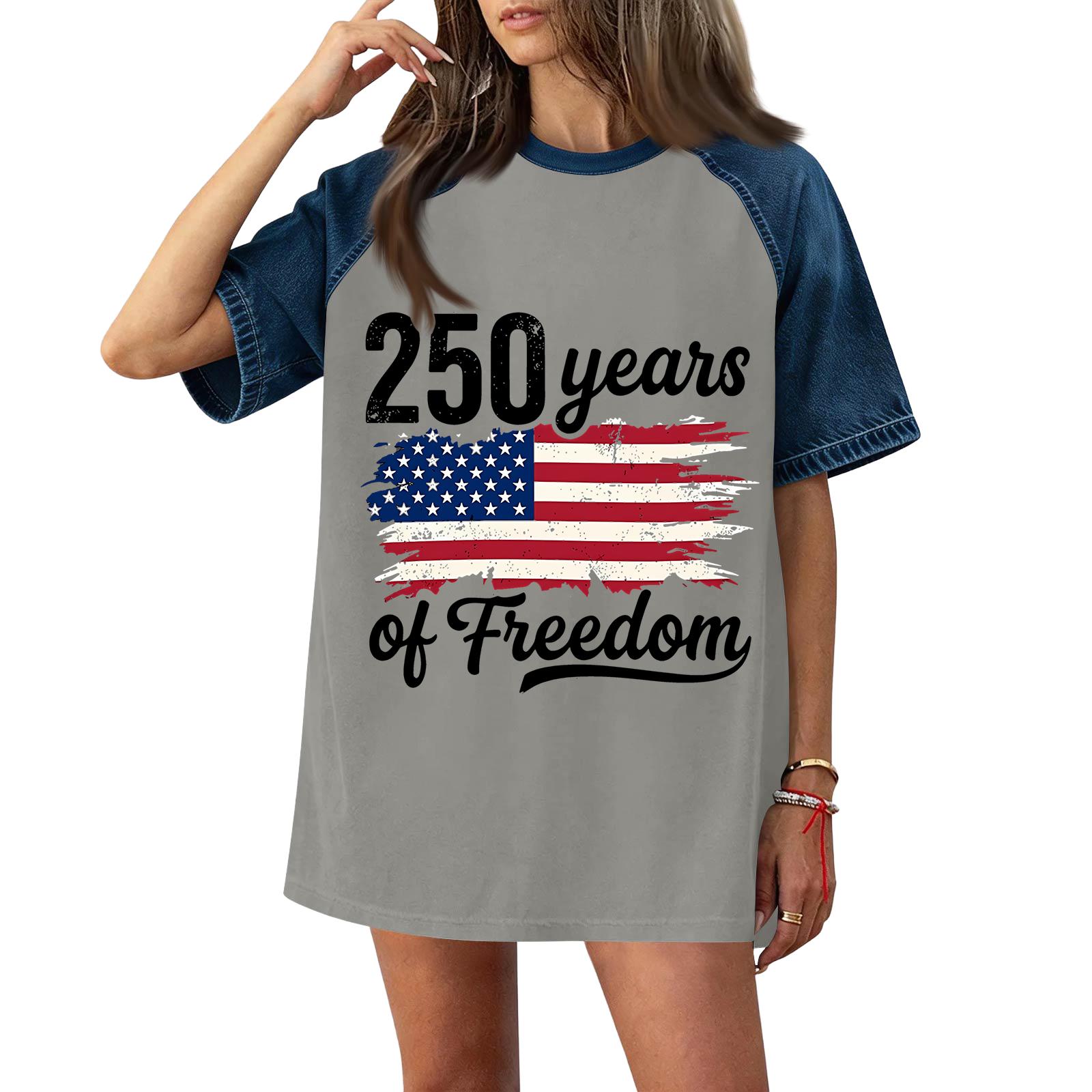 

Women s Casual Short Sleeve T Shirt Denim Patchwork Independence Day Printed Top for 250 Years of Freedom Commemoration XXL