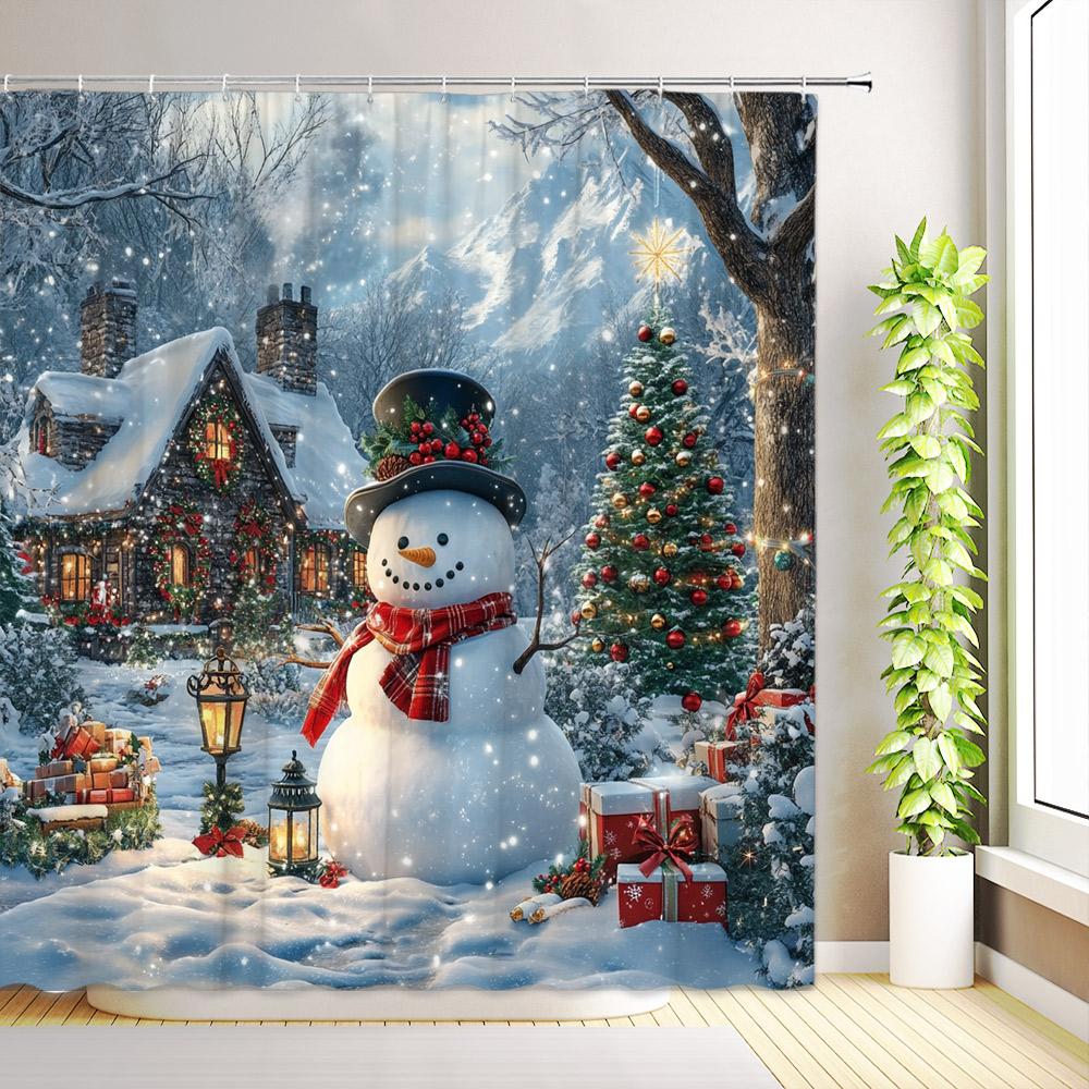 Christmas Shower Curtains Santa Claus Farmhouse Cabin Snowman Snowflakes Winter Gifts Xmas Holiday Bathroom Decor with Hooks