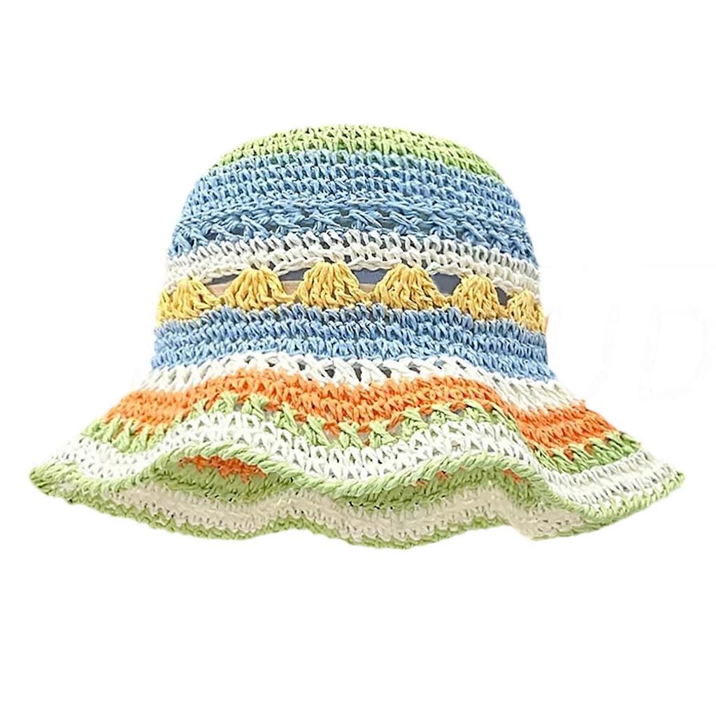 Rainbow Color Sun Hat Holiday Spring Weaving Straw Hat Woman Commutes Camping Taking Photo Handmade Beach Hat for Girl Green