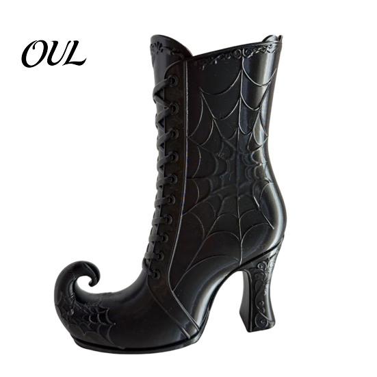 Mysterious Desktop Accent Gothic Witch Boot Vase, Halloween Table Centerpiece Black Spider Web Autumn Seasonal Display High Heel, Flower Holder