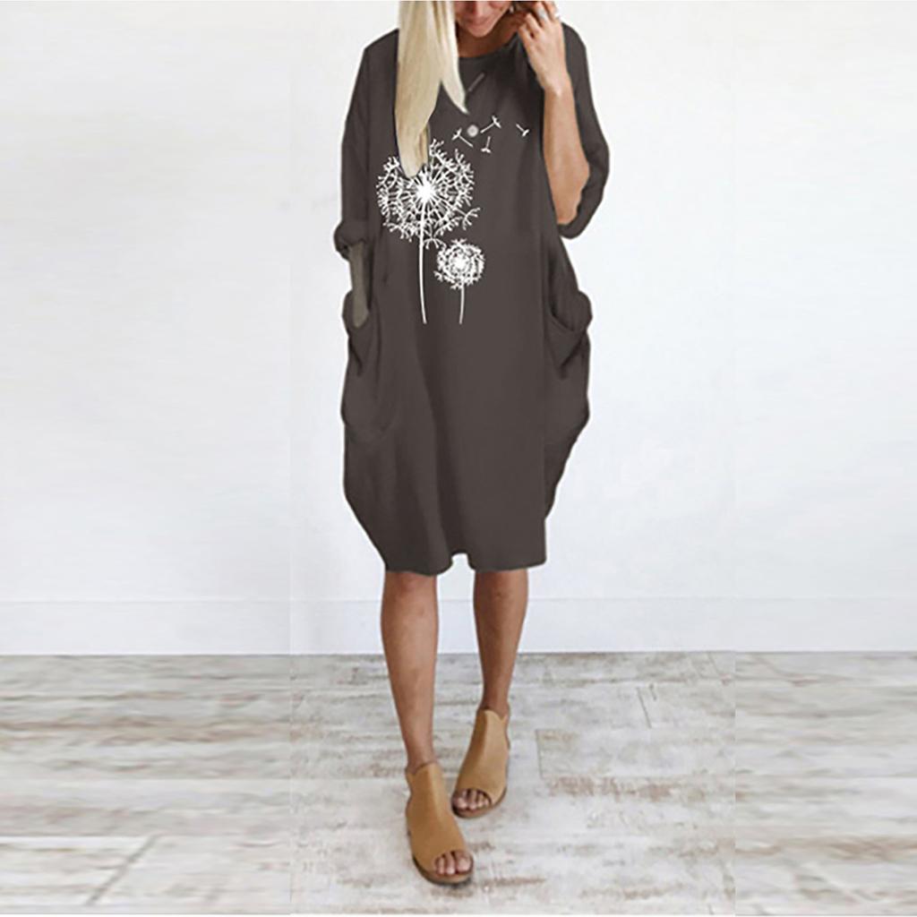 Women's Casual Loose Fit Pullover Dress with Round Neck and Pockets Featuring Printed Floral Design Comfortable Everyday Wear
