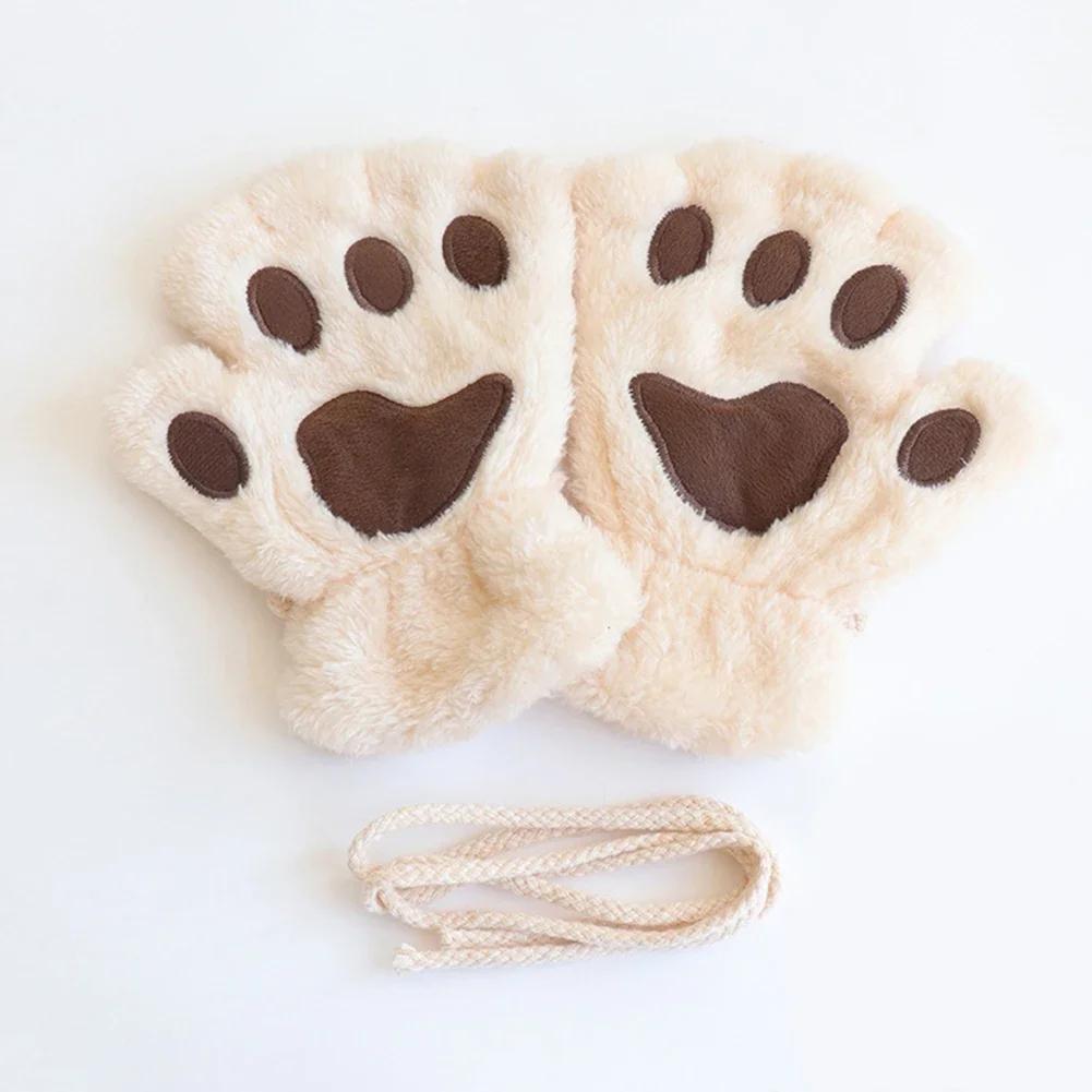 Soft Plush Cat Claw Gloves Winter Warm Cute Cartoon Cat Girls Fingerless Gloves Thickened Velvet Bear Paw Half Finger Gloves