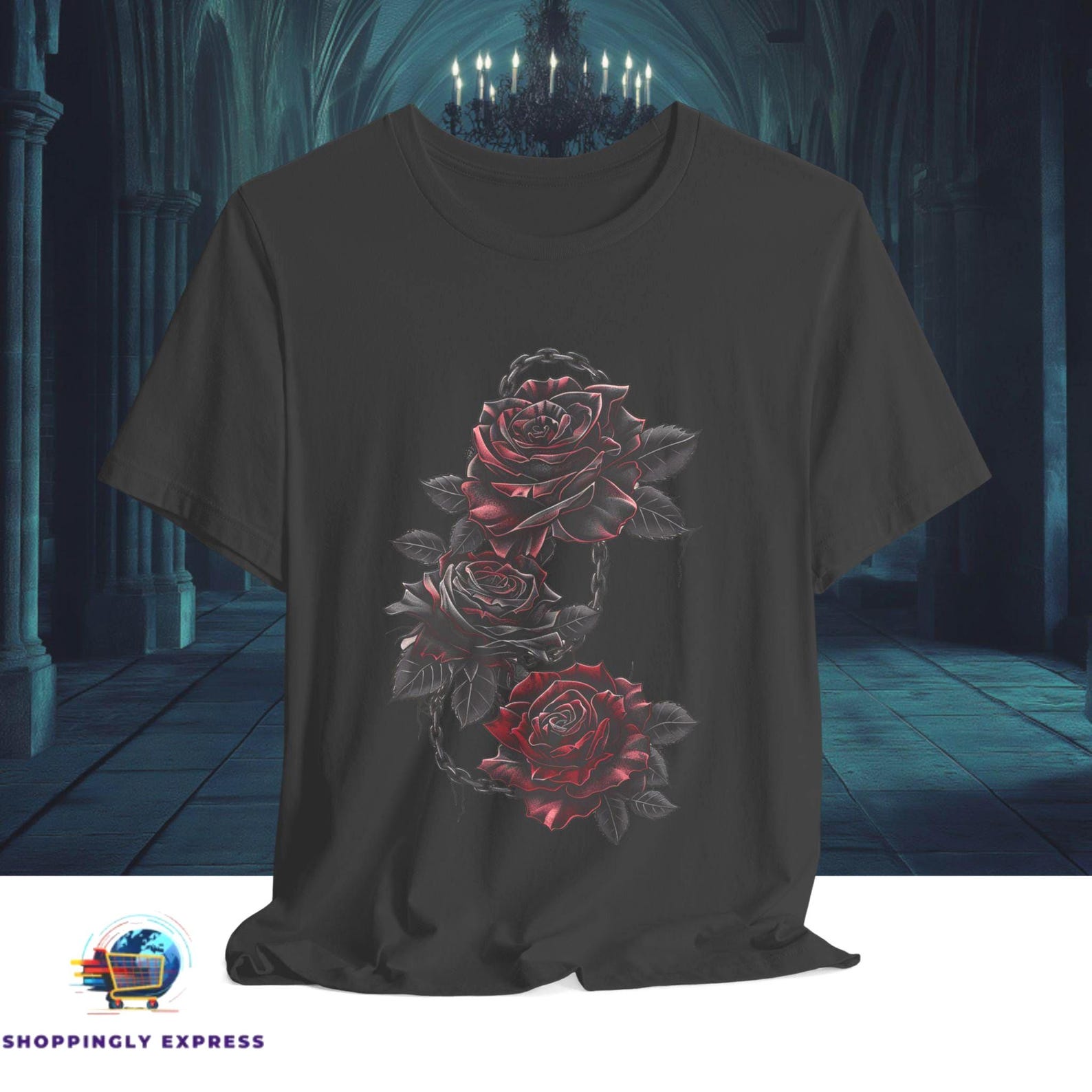 Dark Chained Red Roses Shirt | Gothic Rose Trio Tee | Dark Floral Elegance T-Shirt | Gift for Goth Lover S