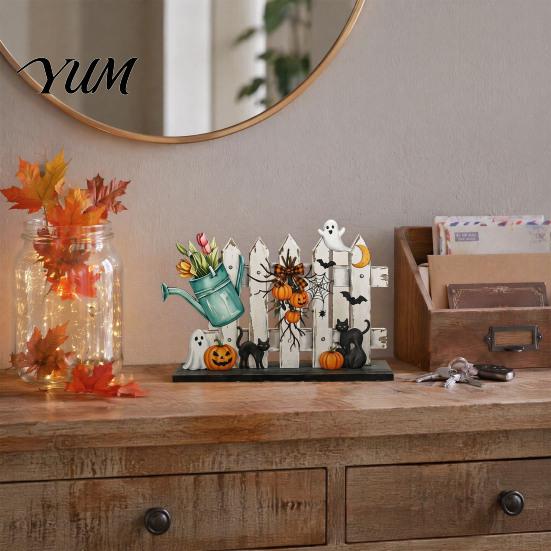 Decorative Tabletop Figurines 6Pcs Halloween Decors, Hello Table Topper Signs, Spooky Pumpkin Ghost Truck Entrance Hall Ornaments Tiered Tray