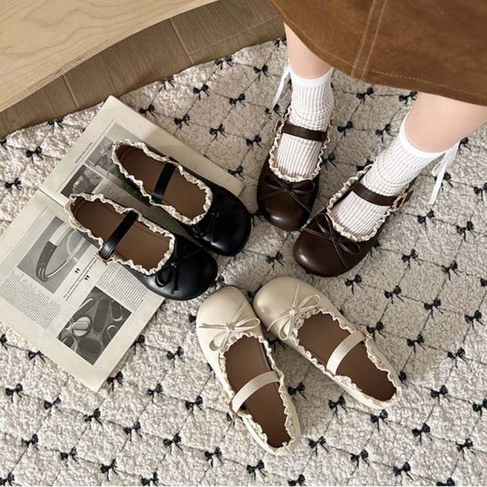 Lolita Couro PU Sapatos JK Planos Laço Doce Slip-on Mocassins Sola Macia Renda Franzido Sapatos Mary Jane Femininos