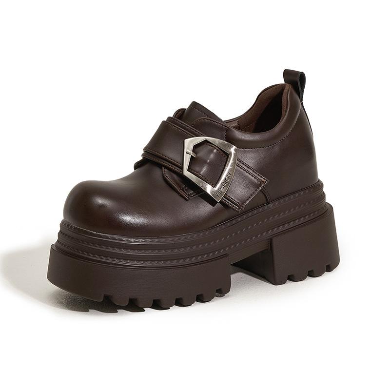 

Женские лоферы на платформе 2025 весна новинка женская обувь с внутренней танкеткой толстый каблук и тонкая одна педаль металлическая пряжка маленькие кожаные туфли 39