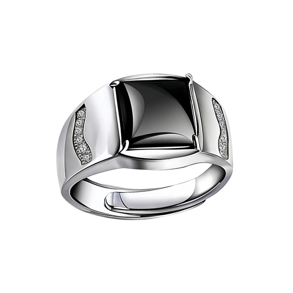 Men's Adjustable Black Agate Square Ring with Black Diamond - Korean Style and Smooth Finish