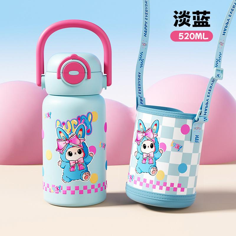 Water Bottle Happy Rabbit Cartoon Children's Thermos Cup High Value Cute Portable Strap Double Drink Male and Female Students Straw Cup