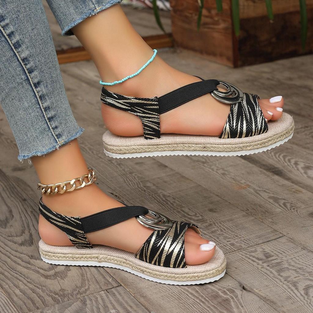 2024 European Plus Size Women's Fish Mouth Sandals with Metal Buckle and Rope Flat Sole