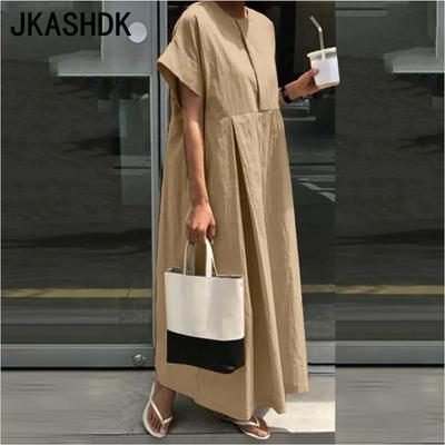 Abiti casual da donna, a maniche corte, con scollo a V, a tinta unita, con stampa estiva e primavera