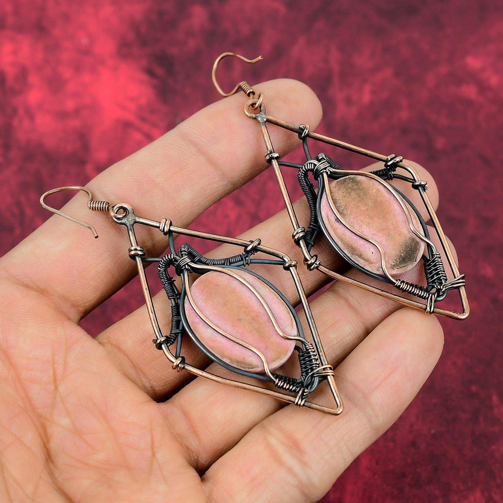 Thulite Gemstone Earring Copper Wire Wrapped Earring Handmade Copper Jewelry Latest Design Earrings Amazing Wire Wrap Jewelry Wedding Gifts