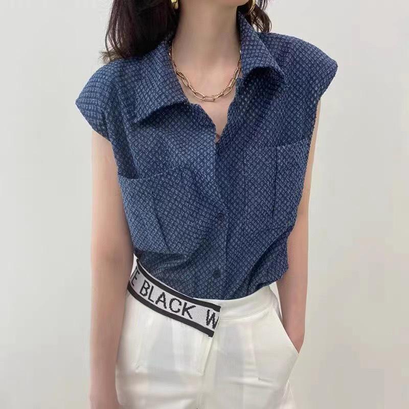 

Летняя ретро-рубашка без рукавов из денима с двойными карманами для женщин 2024 года S синий