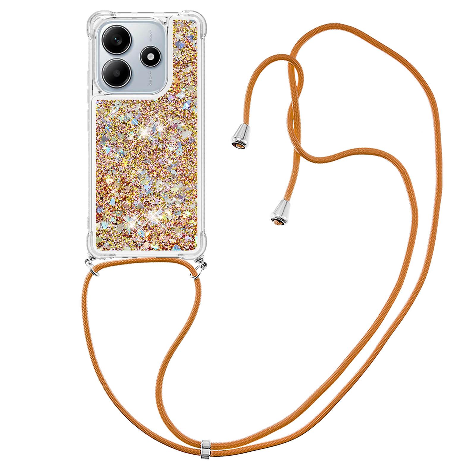 

For Xiaomi Redmi Note 14 4G (164.84x78.15x8.16mm) TPU Case Quicksand Phone Cover with Lanyard Gold/Hearts