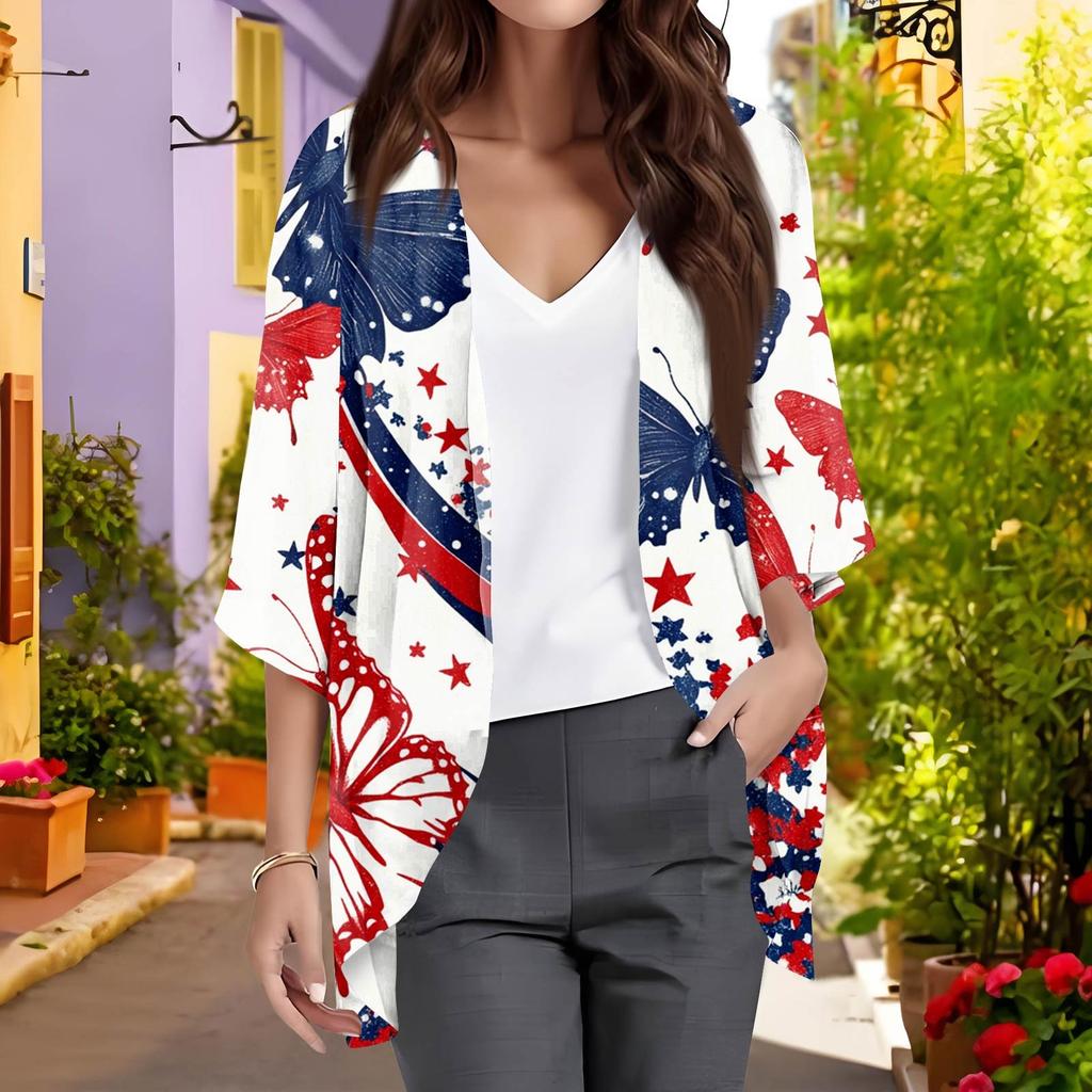 Ladies Fashion Loose Casual Print Beach Holiday   Sleeve Chiffon Cardigan