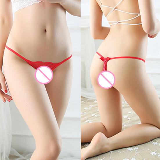 Sexy Women Bow See-through Lace G-String Crotchless Low Rise Elastic Underwear