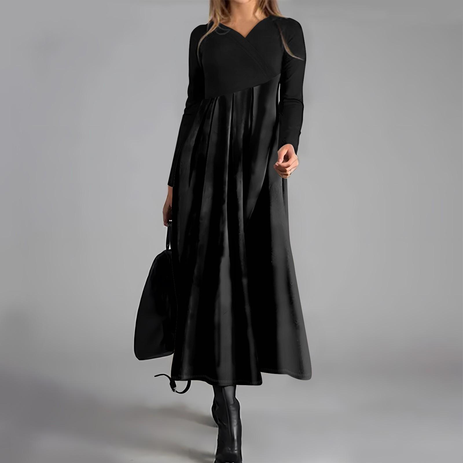 

Женское повседневное платье с V-образным вырезом и длинными рукавами, однотонное свободное платье большого размера L чёрный