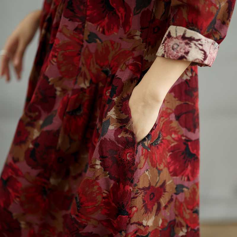 New Vintage Cotton-Linen Printed Round-neck Long-sleeved Dress for Women - Loose Fit Large Size for Slimming - Patched A-line Skirt for Women