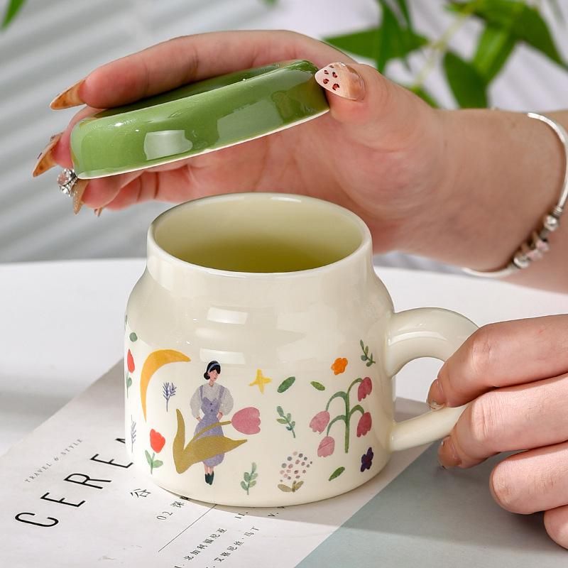French Ceramic Cup with Lid Flower Bestie Cup with Handle Cute Big Belly Cup Drinking Water Cup Women's Mug