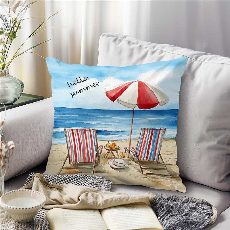 Pillowcase Summer Beach Vacation Watercolor Painting Throw Pillow Covers 45X45Cm For Sofa, Bed, Car, Living Room Home Decor