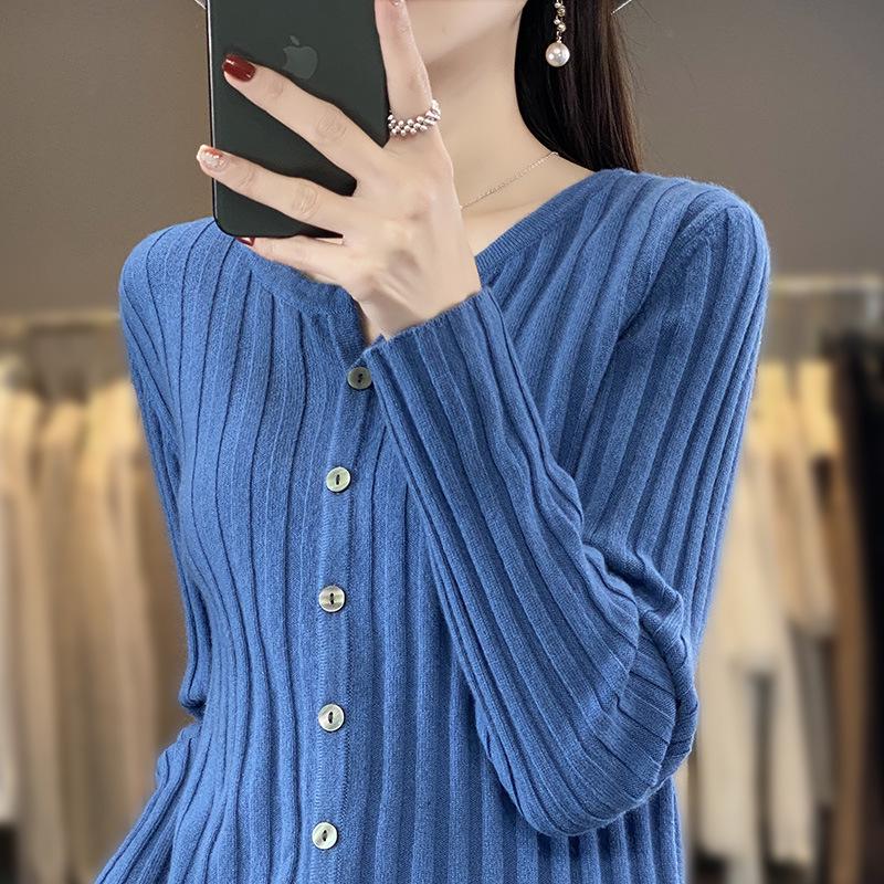Women's Ribbed V-Neck Knitted Cardigan - Loose Thin Plus Size Sweater Coat