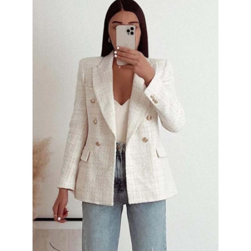 Langarm Klappe Taschen Frauen Mode Tweed Zweireiher Blazer Mantel Vintage Oberbekleidung Plus Größe
