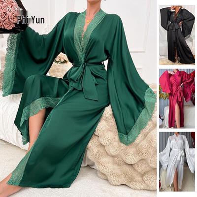 Nuisette Longue de Luxe en Satin et Dentelle pour Femme - Peignoir Rafraîchissant à Manches Longues