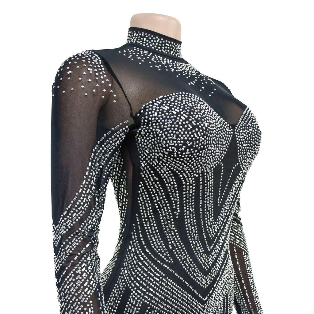 European and American Fashion Women's Solid Color Mesh Rhinestone Long Sleeve Mini Dress