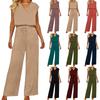 Women’s Sleeveless V Neck Jumpsuit Drawstring Waist Wide Leg Loose Fit Casual Outfit for Daily Wear